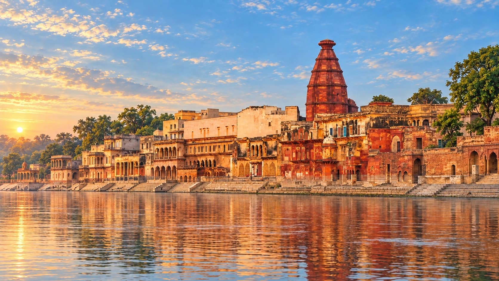 The Yamuna River and historic riverfront architecture in Vrindavan