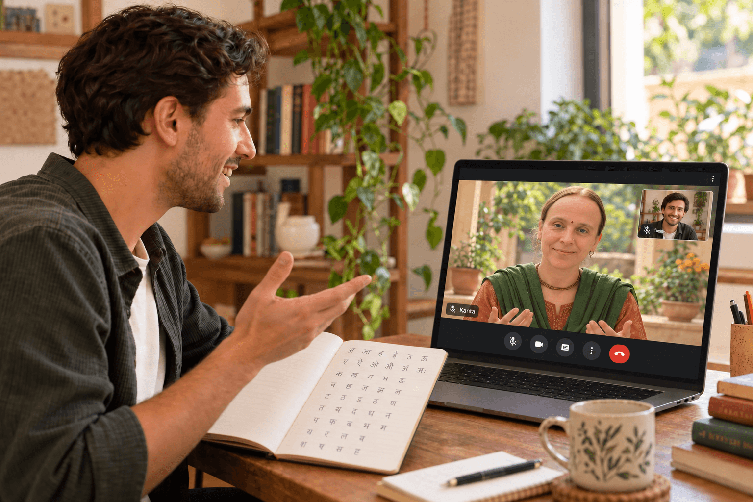 A student practising Hindi with Kanta during a live Google Meet lesson
